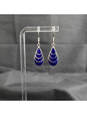 Vintage Lapis Lazuli Sterling Silver Teardrop Earrings Blue Dangle Inlaid